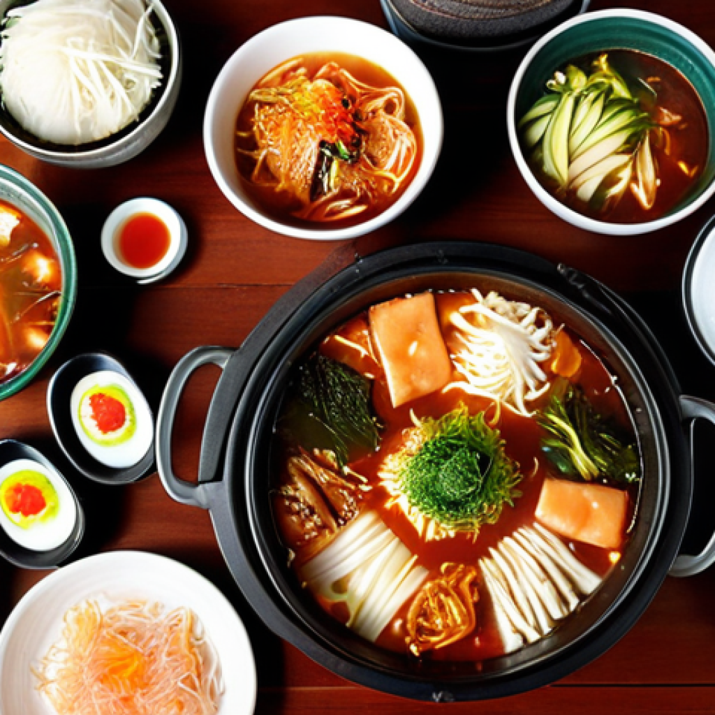 ** A vibrant table laden with various banchan dishes, centered around a steaming pot of Kimchi Jjigae. Include elements like marinated vegetables, seaweed, and tofu. The lighting should be warm, creating a comforting and inviting atmosphere. Focus on capturing the colors and textures of the banchan.

**