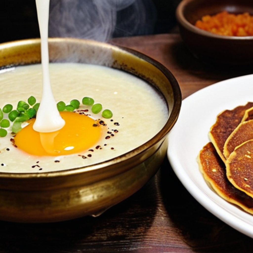 **Prompt 1: Makgeolli and Crispy Jeon**
    "A close-up, inviting shot of a traditional brass bowl brimming with creamy, slightly effervescent Makgeolli, gently frothing. Beside it, a golden-brown, freshly cooked Bindaetteok (mung bean pancake) or Pajeon (green onion pancake) rests on a rustic ceramic plate, its crispy edges and soft interior clearly visible. A wisp of steam rises from the hot pancake, hinting at its freshness. The setting suggests a cozy, lively traditional Korean eatery or market stall, with warm, soft lighting creating an inviting atmosphere. Emphasize the tactile contrast between the refreshing drink and the crispy, savory fried food."