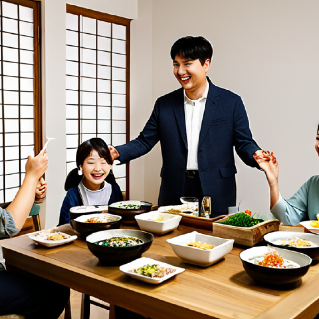 A warm, inviting Korean-themed housewarming party scene. A diverse group of adults in fully clothed, modest, stylish modern attire gather in a living room. The space is decorated with soft string lights, elegant paper lanterns casting diffused light, potted bamboo, and framed calligraphy on light walls. A beautifully arranged dining table is laden with vibrant Bibimbap bowls, Japchae noodles, and various Korean side dishes in delicate ceramic ware. Traditional soju bottles and non-alcoholic drinks are present. Guests are seen conversing, smiling, and interacting joyfully. Professional wide-angle photography, soft studio lighting, natural pose, perfect anatomy, correct proportions, well-formed hands, proper finger count, natural body proportions, high quality, highly detailed, safe for work, appropriate content, fully clothed, modest, family-friendly.