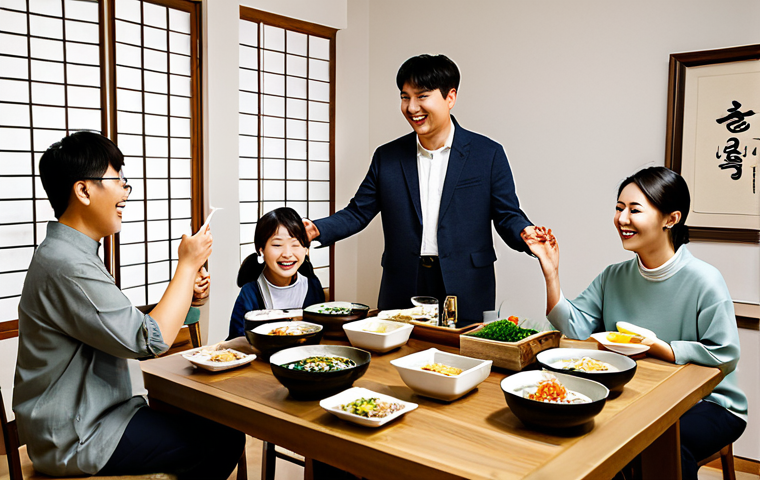 A warm, inviting Korean-themed housewarming party scene. A diverse group of adults in fully clothed, modest, stylish modern attire gather in a living room. The space is decorated with soft string lights, elegant paper lanterns casting diffused light, potted bamboo, and framed calligraphy on light walls. A beautifully arranged dining table is laden with vibrant Bibimbap bowls, Japchae noodles, and various Korean side dishes in delicate ceramic ware. Traditional soju bottles and non-alcoholic drinks are present. Guests are seen conversing, smiling, and interacting joyfully. Professional wide-angle photography, soft studio lighting, natural pose, perfect anatomy, correct proportions, well-formed hands, proper finger count, natural body proportions, high quality, highly detailed, safe for work, appropriate content, fully clothed, modest, family-friendly.