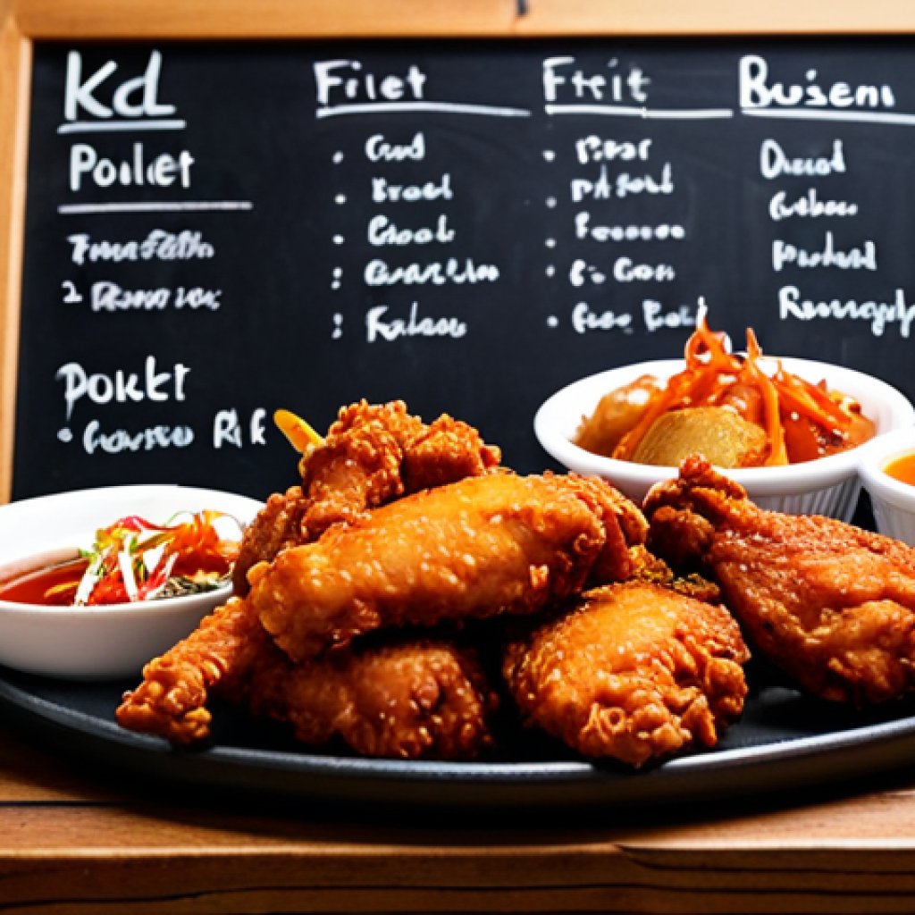 Korean Fried Chicken Feast**

"A vibrant, eye-level shot of Korean fried chicken (KFC) presented on a wooden table in a trendy Parisian bistro. The chicken is glistening with a sweet and spicy yangnyeom sauce. Side dishes include pickled radishes and a small bowl of kimchi. In the background, a chalkboard menu lists 'Poulet Frit Coréen' with various sauce options in French script. safe for work, appropriate content, fully clothed patrons visible in the background enjoying their meals, professional food photography, high quality, perfect anatomy on any visible people, natural proportions, modest attire, family-friendly atmosphere."

**