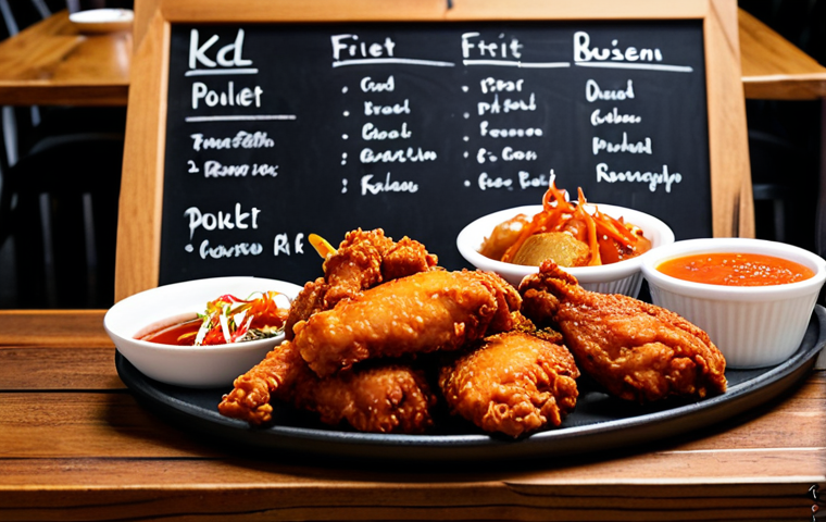 Korean Fried Chicken Feast**

"A vibrant, eye-level shot of Korean fried chicken (KFC) presented on a wooden table in a trendy Parisian bistro. The chicken is glistening with a sweet and spicy yangnyeom sauce. Side dishes include pickled radishes and a small bowl of kimchi. In the background, a chalkboard menu lists 'Poulet Frit Coréen' with various sauce options in French script. safe for work, appropriate content, fully clothed patrons visible in the background enjoying their meals, professional food photography, high quality, perfect anatomy on any visible people, natural proportions, modest attire, family-friendly atmosphere."

**