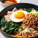 한식 간편조리 제품 영양성분 - **Prompt: A vibrant, close-up shot of a steaming bowl of instant ramyeon in a modern kitchen. The ra...