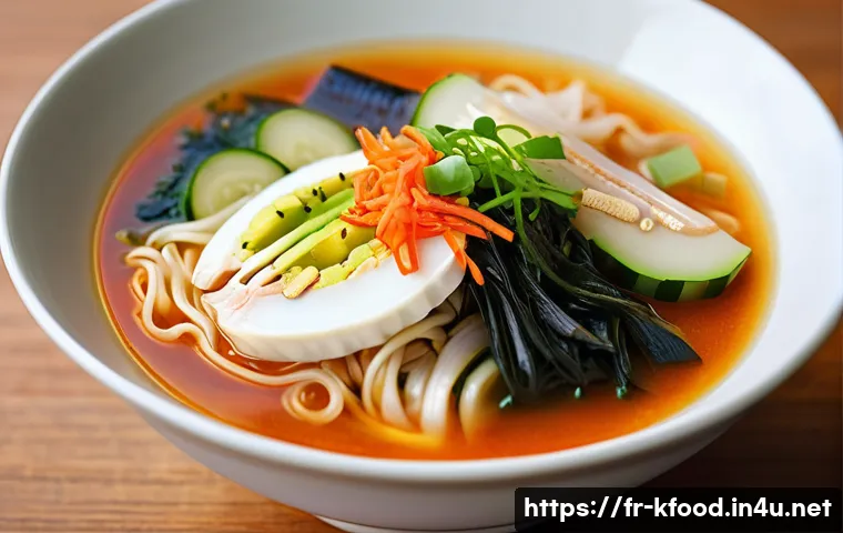 한식 국수 요리 종류 - **Prompt:** "A warmly lit, inviting close-up shot of a bowl of Kalguksu. The thick, hand-cut wheat n...