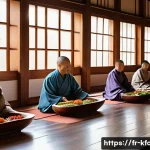 Home 16 한식 사찰음식 소개 - A serene Korean Buddhist temple dining hall at dawn, bathed in soft natural light filtering through ...