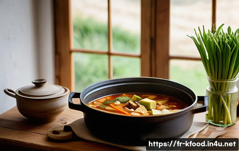 한식 찌개 종류와 레시피 - A rustic French kitchen scene featuring a traditional casserole pot simmering on an old-fashioned st...