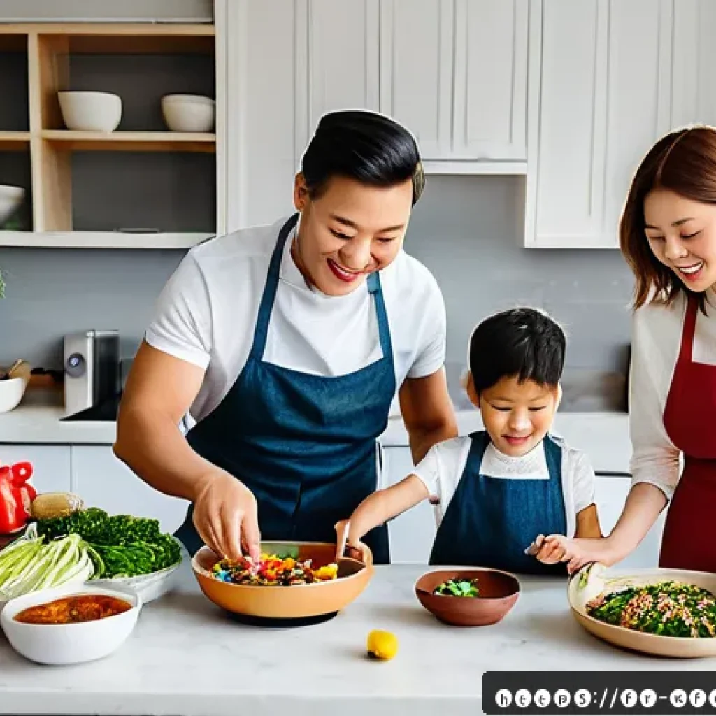 한식 명절 음식 밀키트 - A cozy modern kitchen scene featuring a diverse European family joyfully preparing a Korean bibimbap...