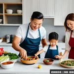 한식 명절 음식 밀키트 - A cozy modern kitchen scene featuring a diverse European family joyfully preparing a Korean bibimbap...