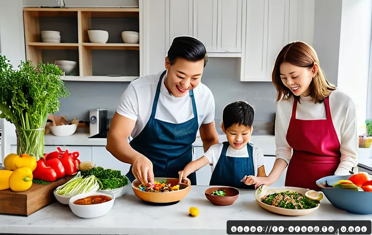 한식 명절 음식 밀키트 - A cozy modern kitchen scene featuring a diverse European family joyfully preparing a Korean bibimbap...