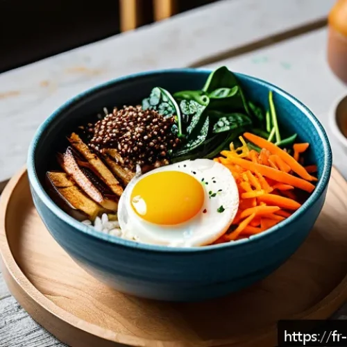 한식 홈파티 메뉴 추천 - A vibrant and detailed close-up of a traditional Korean bibimbap bowl served on a rustic wooden tabl...