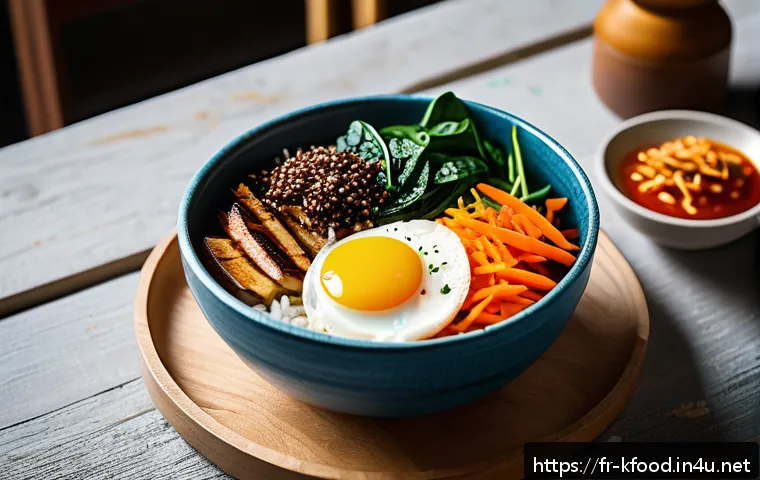 한식 홈파티 메뉴 추천 - A vibrant and detailed close-up of a traditional Korean bibimbap bowl served on a rustic wooden tabl...