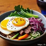 한식 해외 반응 - A vibrant and colorful bibimbap bowl served on a rustic wooden table in a cozy Parisian bistro setti...