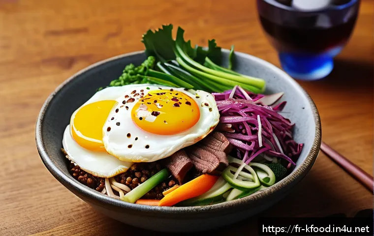 한식 해외 반응 - A vibrant and colorful bibimbap bowl served on a rustic wooden table in a cozy Parisian bistro setti...
