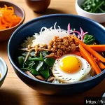 한식 간편조리 제품 추천 - A vibrant and colorful Korean Bibimbap bowl served on a rustic wooden table in a cozy French kitchen...