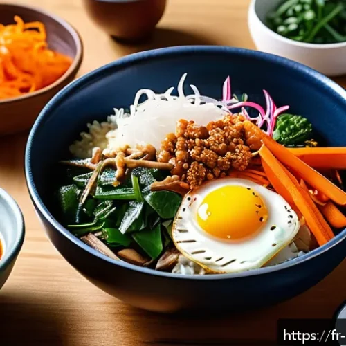 한식 간편조리 제품 추천 - A vibrant and colorful Korean Bibimbap bowl served on a rustic wooden table in a cozy French kitchen...