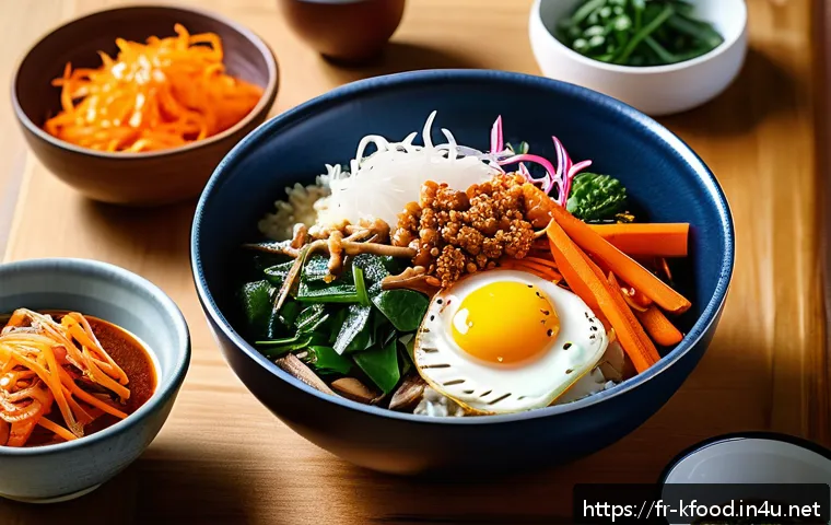 한식 간편조리 제품 추천 - A vibrant and colorful Korean Bibimbap bowl served on a rustic wooden table in a cozy French kitchen...