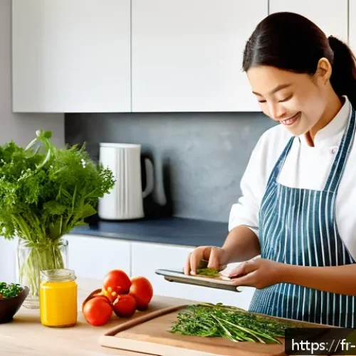 한식 반찬 밀키트 후기 - A modern French kitchen scene featuring a young adult preparing a Korean meal kit with fresh, colorf...