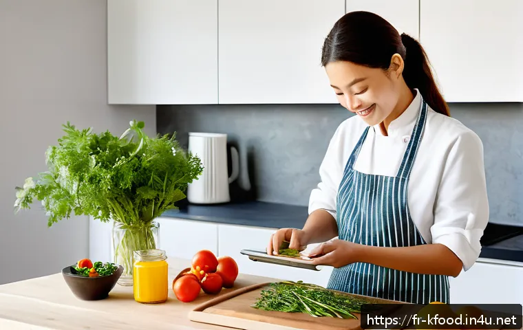 한식 반찬 밀키트 후기 - A modern French kitchen scene featuring a young adult preparing a Korean meal kit with fresh, colorf...