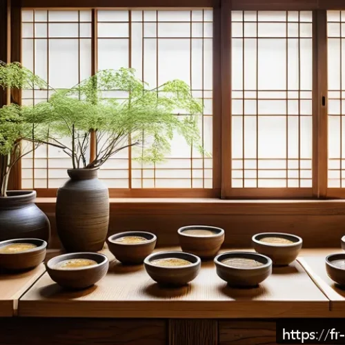 한식 장류 비교  된장 간장 고추장 - A rustic Japanese kitchen scene featuring a wooden table with various types of miso paste jars&mdash;white...
