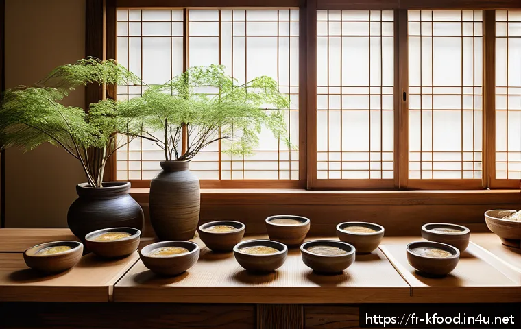 한식 장류 비교  된장 간장 고추장 - A rustic Japanese kitchen scene featuring a wooden table with various types of miso paste jars&mdash;white...