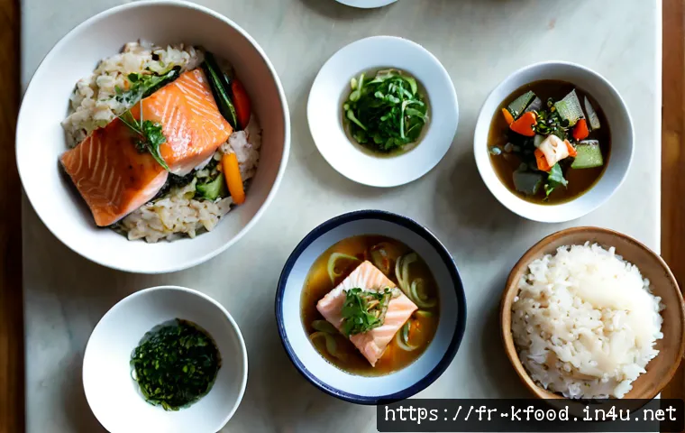한식의 효능과 건강 효과 - Photorealistic overhead scene of a balanced Korean-inspired home meal adapted for a French kitchen: ...