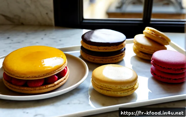 한식 디저트 종류 및 레시피 - Photorealistic French pâtisserie dessert assortment on a warm marble kitchen counter: glossy fruit t...